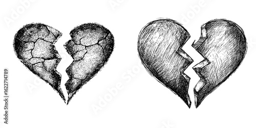 A broken heart represents the symbol of unhappy love in a hand-drawn black and white modern illustration