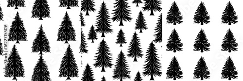 Silhouettes of spruce and fir trees are set against a gray background with black details in a minimal winter seamless pattern, as seen in this hand-drawn modern illustration intended for kids'