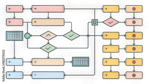 Flowchart with logic blocks and arrows, ideal for system mapping and software process design.