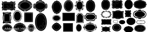 Elegant retro mirror and picture frameworks collection, featuring black vintage frames and hand drawn silhouettes of decorative square and round borders for quotes, in a modern wall baroque decor