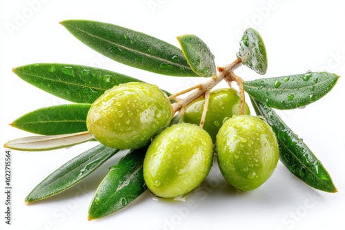 Wallpaper Mural Fresh green olives with leaves and water droplets on a white background captured shortly after rain Torontodigital.ca