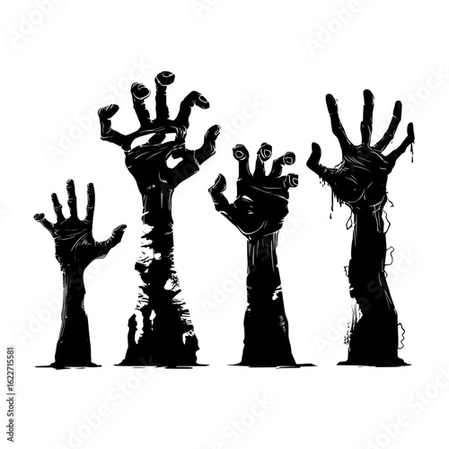 A set of cartoon cadavers with rotting limbs, along with silhouettes of zombie hands and black, creepy monster arms emerging from graves, are commonly used elements in Halloween posters to represent
