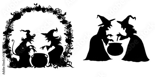 The image features a white background with a black silhouette illustration of two witches brewing a magic potion in a cauldron, symbolizing Happy Halloween in modern clipart style