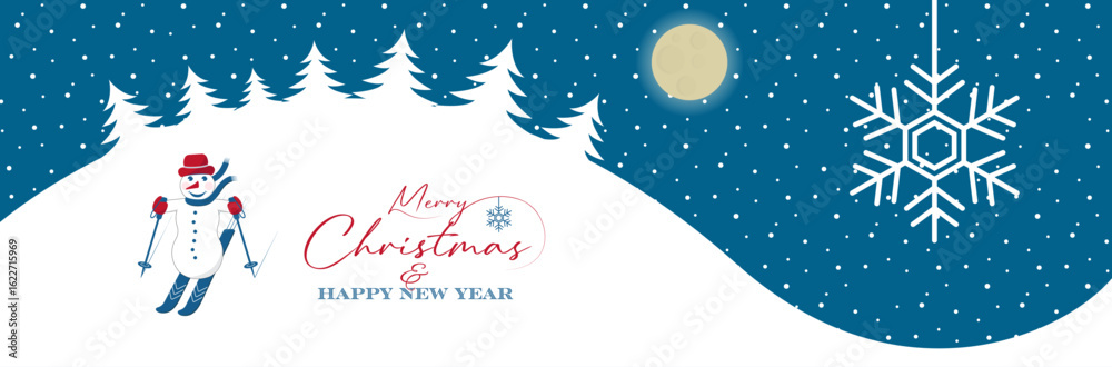 Fototapeta premium Merry Christmas concept design with snowman, skiing snowman, landscape, trees illustration. Winter holidays concept card design to use for merry christmas cards, winter advertising, holiday greetings.