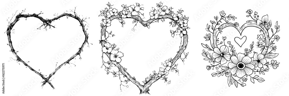 Fototapeta premium A hand drawn frame featuring rustic floral patterns and a heart-shaped wreath made of branches
