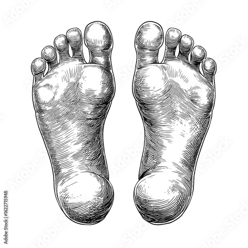 A black-and-white outline sketch of beautiful female feet barefoot serves as a design element for spas, manicures, or cosmetics