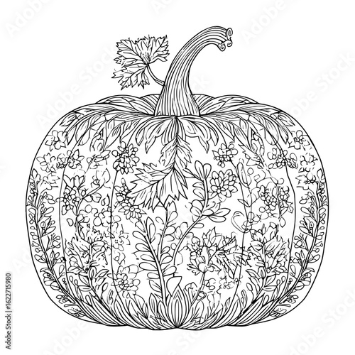 A modern illustration of a pumpkin in black outline is isolated on a white background, depicted as a simple hand-drawn sketch of an autumn harvest decorative design element and vegetable silhouette
