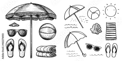 A summer beach setup is depicted, complete with cartoonish sea and ocean recreation elements, including a parasol, sunglasses, ball, slippers, and towels, all part of a modern summer vacation