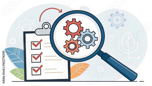 Magnifier over process cog icon, indicating inspection, audit, or QA in automated systems.