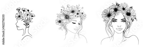 The head of the woman is composed entirely of flowers in this simple yet abstract line drawing