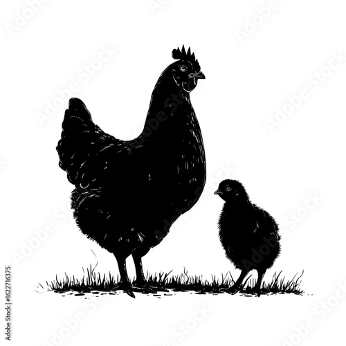 A chicken and a rooster, examples of domestic poultry, are shown as black silhouettes