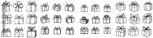 A gift box is shown isolated on a white background, featuring a gift box with a bow in a modern sketch style on a white background