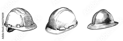 A hand drawn illustration of a modern industry helmet, depicted in black and white, with a sketch style, on a white background