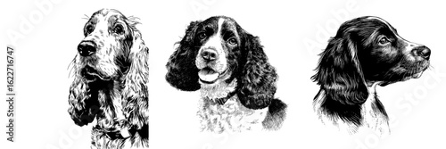 A modern graphic drawing in black and white showcases the muzzle of the Cocker Spaniel dog breed
