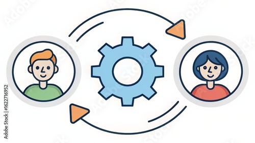 Two user avatars linked to central gear via circular arrows, showcasing integrated collaborative systems.