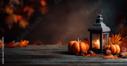 Halloween background with a lantern and pumpkin on a wooden table, 
