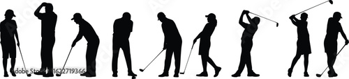 Golf players silhouette, men and women, playing golf, swinging golf club, putting green, golf sport activity, outdoor exercise, leisure game, isolated vector