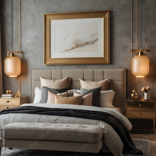 Modern luxury bedroom with a grey textured wall, large empty picture frame centered above the bed, soft linens, elegant lighting, gold and beige accents, clean and calm ambiance,Generative Ai

