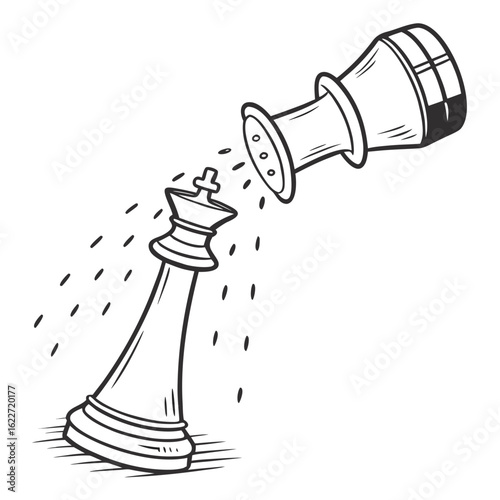 A chess king is toppled by another chess piece symbolizing defeat and the end of a game