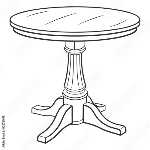 A detailed black and white line drawing of a round pedestal table with a fluted column and splayed legs