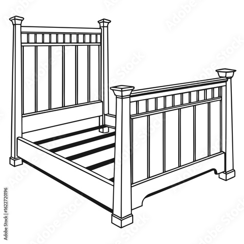 A detailed line drawing of a wooden bed frame with a slatted base and decorative posts