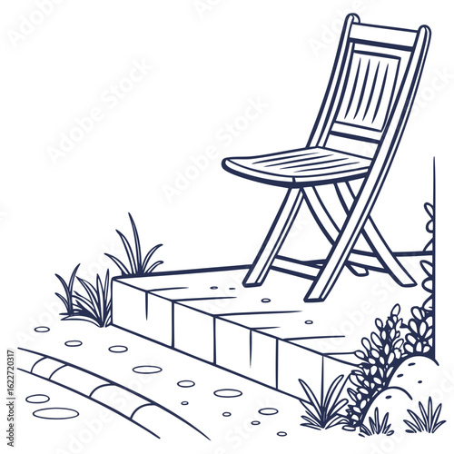 A simple line drawing of a wooden folding chair placed on stone steps in a garden setting