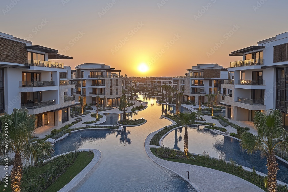 Obraz premium Sunset view of modern apartment complex with pools