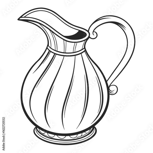 Elegant black and white illustration of a vintage pitcher with a curved handle and fluted body