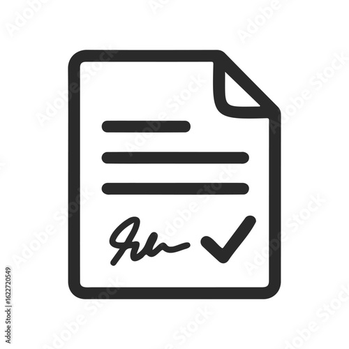 Simplistic black and white document icon with signature and checkmark