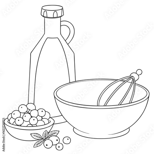 Line art illustration of ingredients and tools for making a berry vinaigrette or sauce