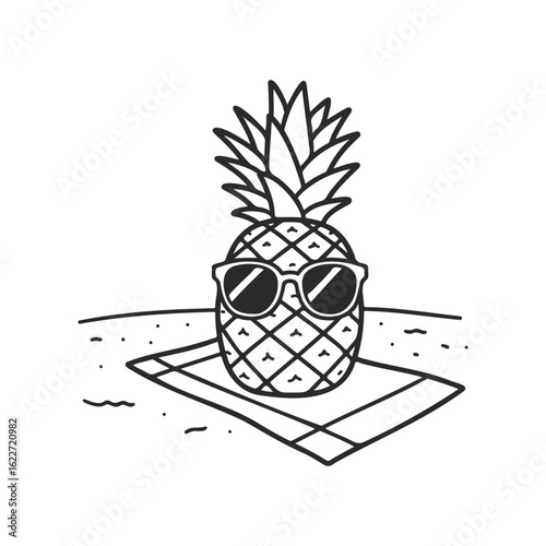 Pineapple wearing sunglasses relaxing on beach towel - fun summer outline art