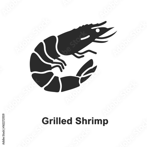 Minimalist grilled shrimp icon with text in black and white