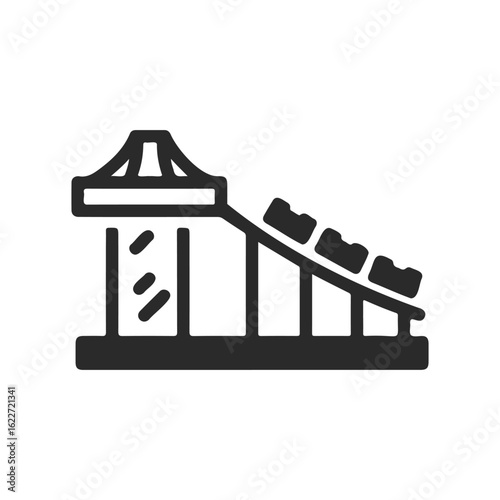 Black and white roller coaster icon with steep drop and cars