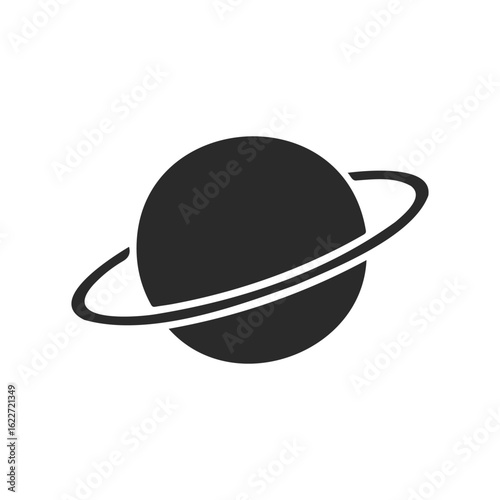 Black silhouette of a planet with ring symbol on white background
