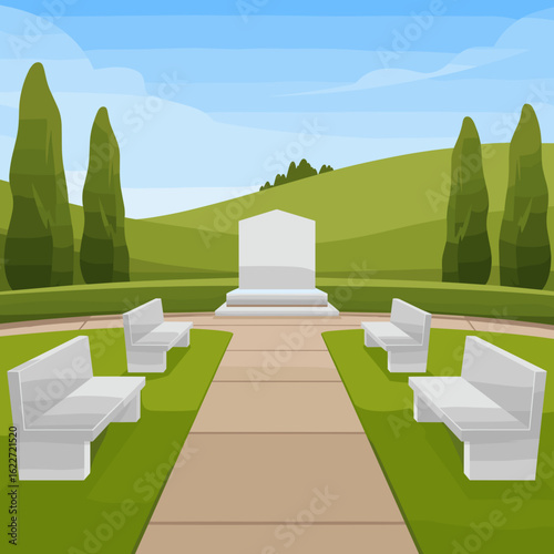 Memorial garden with benches and monument surrounded by trees  
