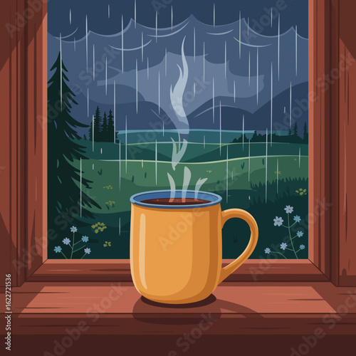 Cozy orange mug with steaming drink on wooden windowsill in rain