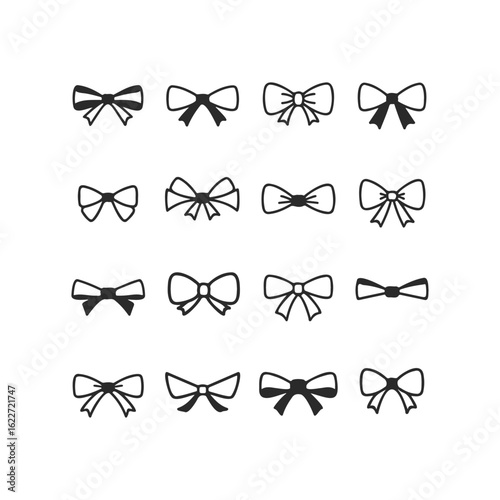 Collection of various bow tie designs in black on white background