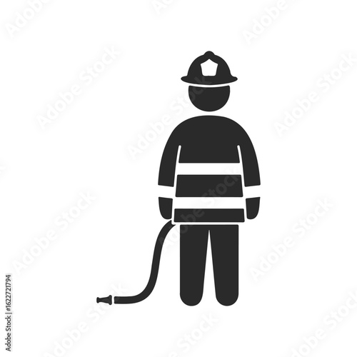 Silhouette of firefighter with hose icon on white background