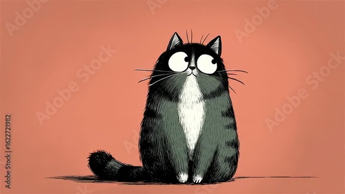 Charming black and white cat with captivating eyes is full of curiosity and whimsy in a playful animated world