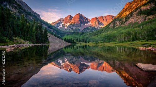 Colorado Day. Sunrise Reflection of Maroon Bells in an Alpine Lake, Colorado