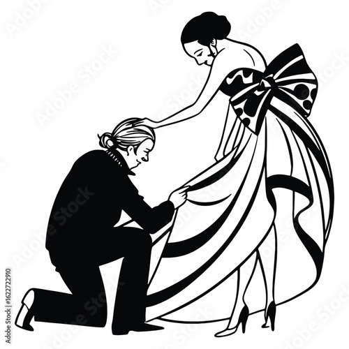 Elegant black and white illustration of a man proposing to a woman in a gown