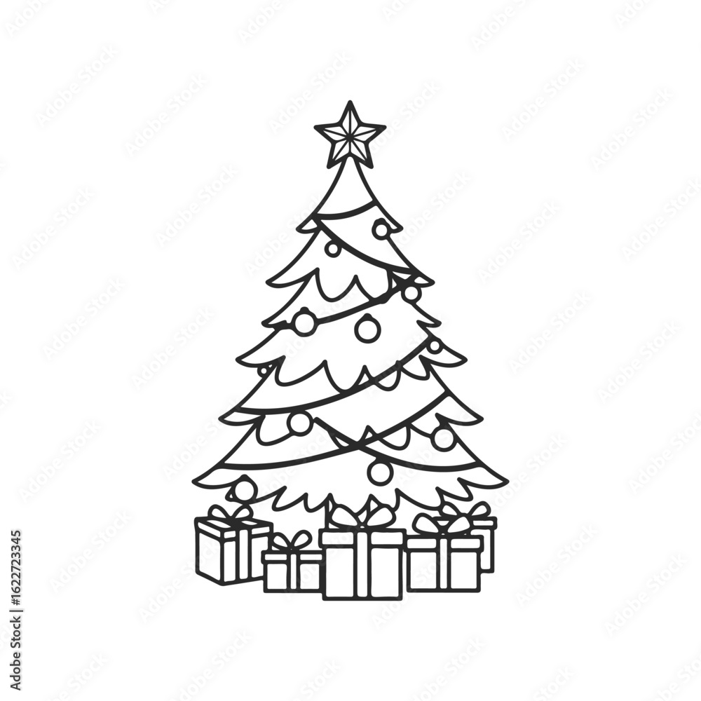 Fototapeta premium Christmas tree with star and wrapped gifts line art illustration