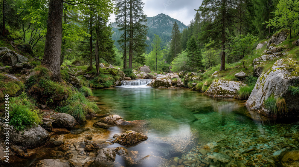 Obraz premium Flowing creek surrounded by lush green trees and rocky terrain in a serene mountain setting during a sunny day