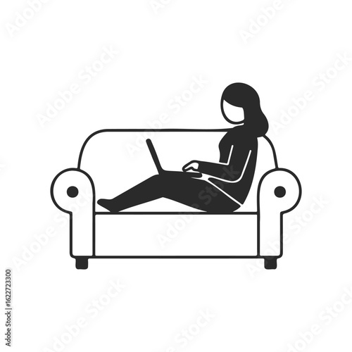 Female silhouette reclining on sofa with laptop in relaxed pose