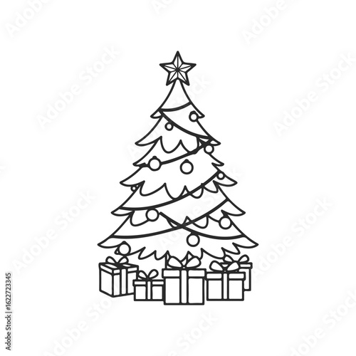 Christmas tree with star and wrapped gifts line art illustration