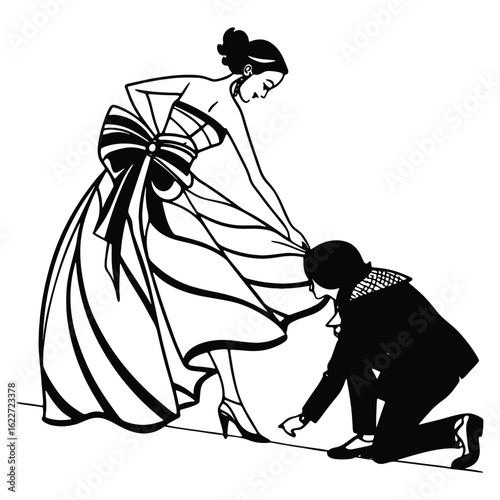 Elegant woman in gown with a man kneeling measuring hemline vector illustration