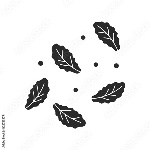 Black and white kale leaves icon with dots on white background