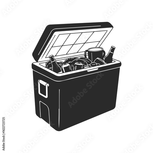 Open cooler filled with bottles and snacks in black and white design