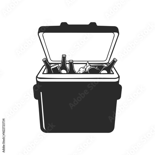 Open cooler with bottled drinks and fruits in black and white vector art