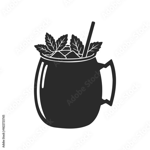 Black and white icon of a mug with ice, straw, and mint leaves
